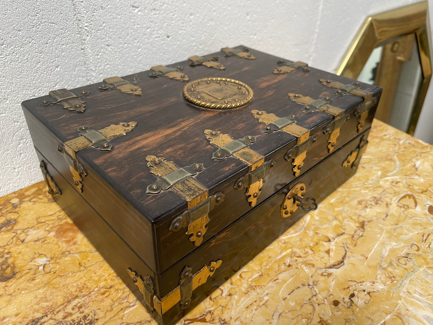 Victorian English Brass Bound Jewellery Box