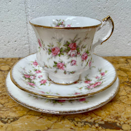 Stoke on Trent Paragon Bone China "Victorian Rose" trio set, cup, saucer and tea plate. In good original condition and made in England with stamp on base.