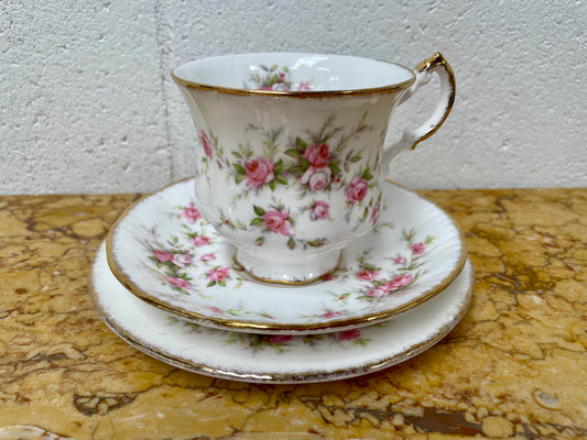 Stoke on Trent Paragon Bone China "Victorian Rose" trio set, cup, saucer and tea plate. In good original condition and made in England with stamp on base.