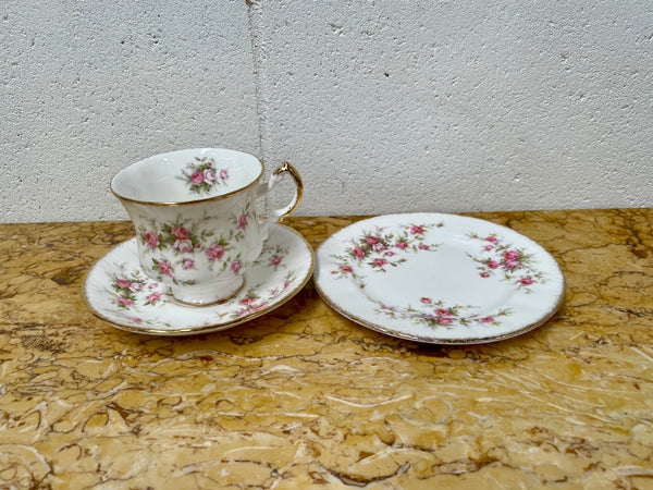 Stoke on Trent Paragon Bone China "Victorian Rose" trio set, cup, saucer and tea plate. In good original condition and made in England with stamp on base.