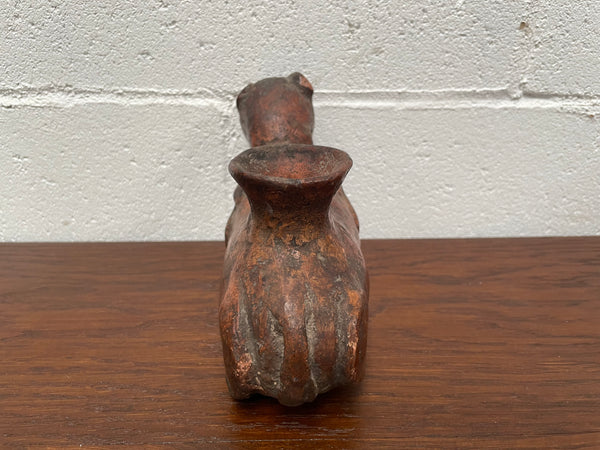 Pre-Columbia terracotta ceramic vessel. Most likely depicting a cat in good condition for its age. 