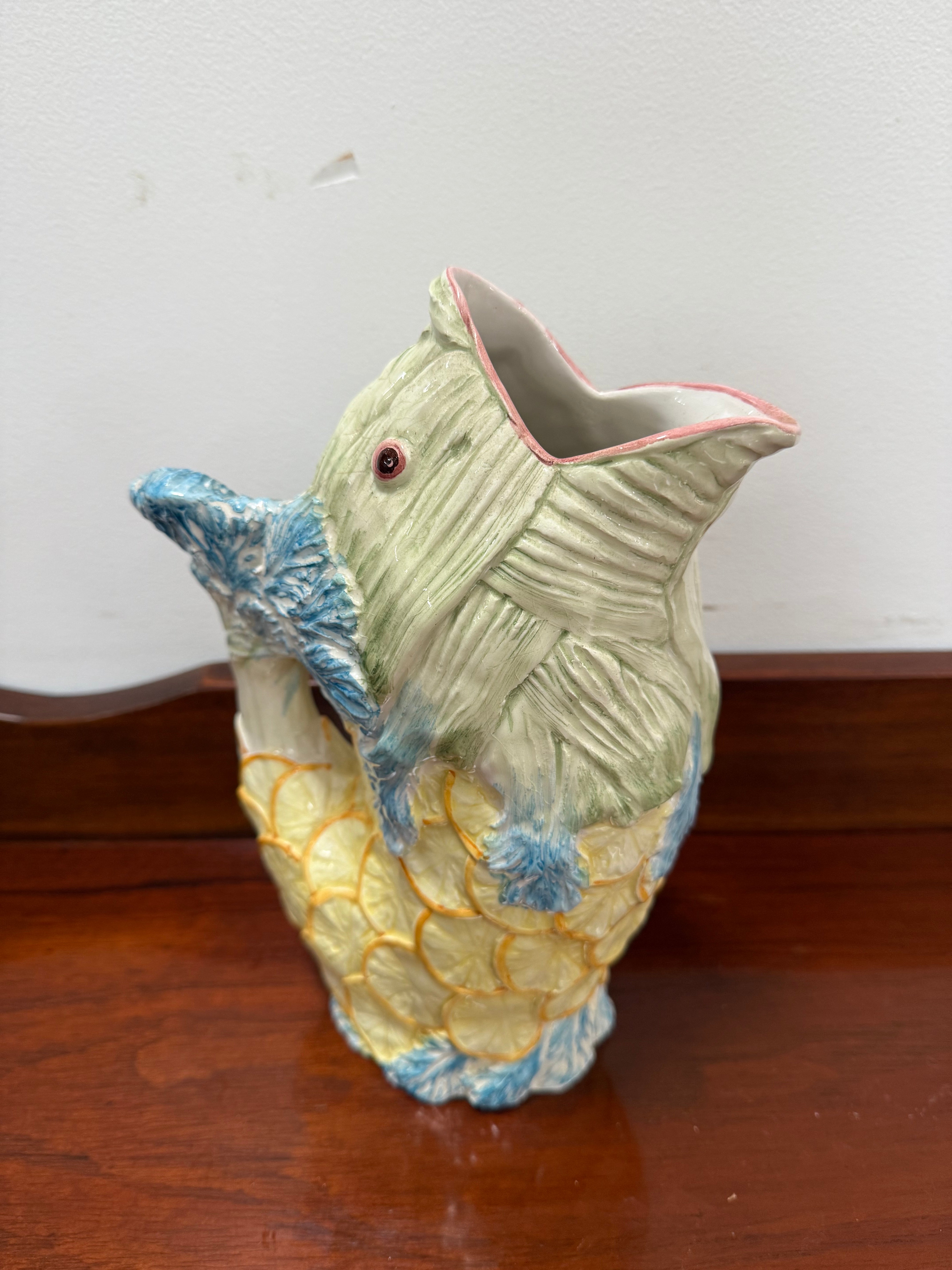 Vintage Hand Painted Italian Majolica Fish Gurgle Jug