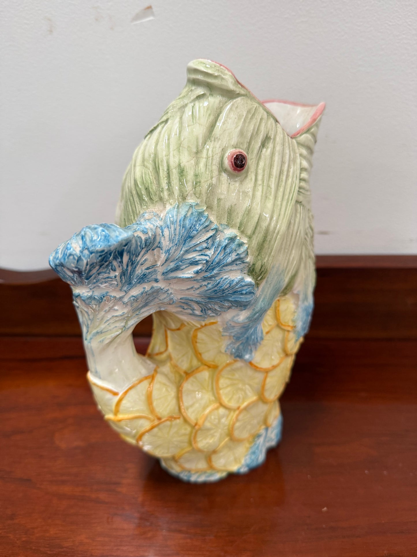 Vintage Hand Painted Italian Majolica Fish Gurgle Jug.