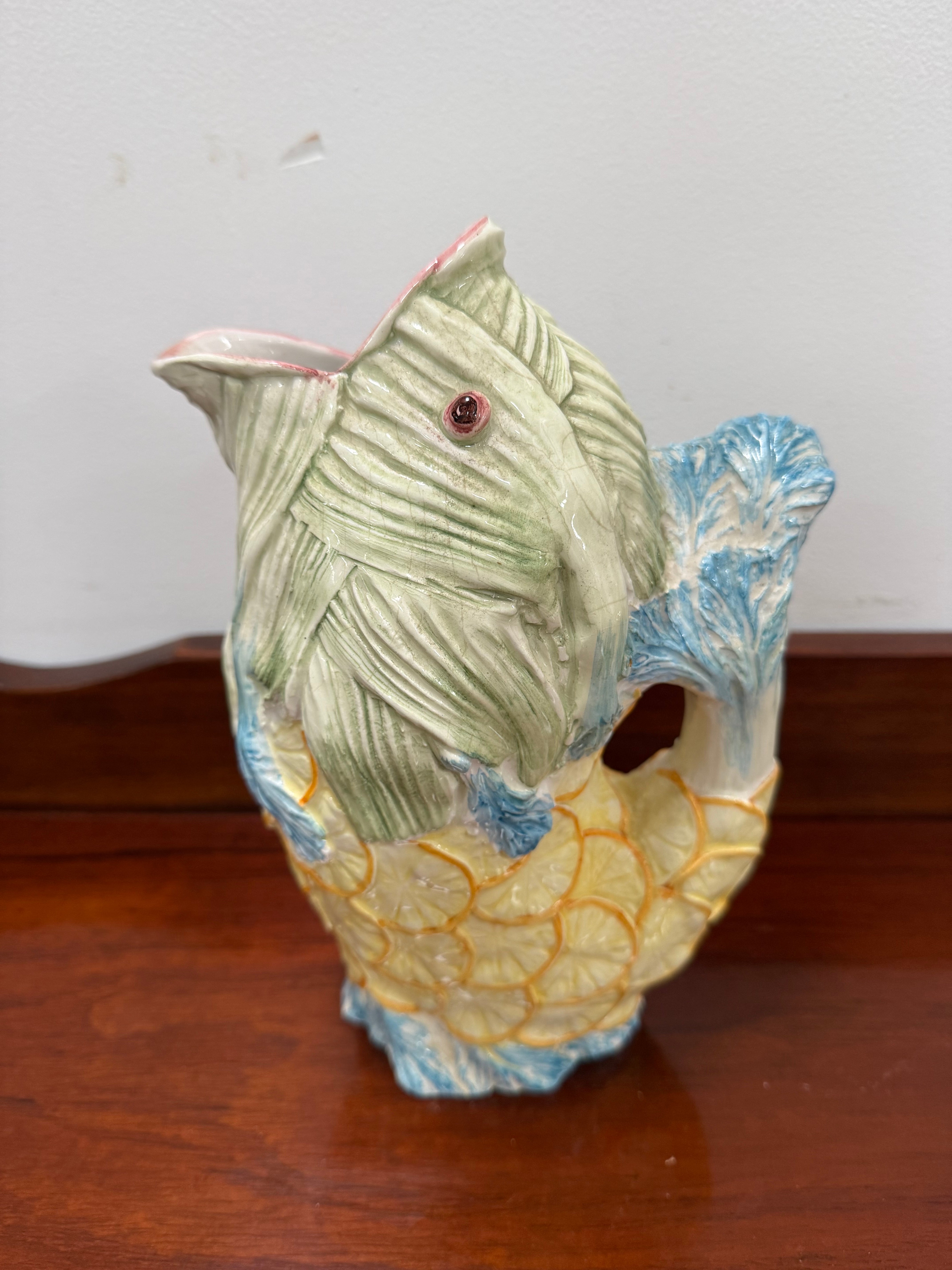Vintage Hand Painted Italian Majolica Fish Gurgle Jug