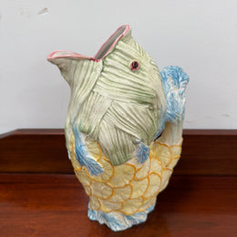 Vintage Hand Painted Italian Majolica Fish Gurgle Jug