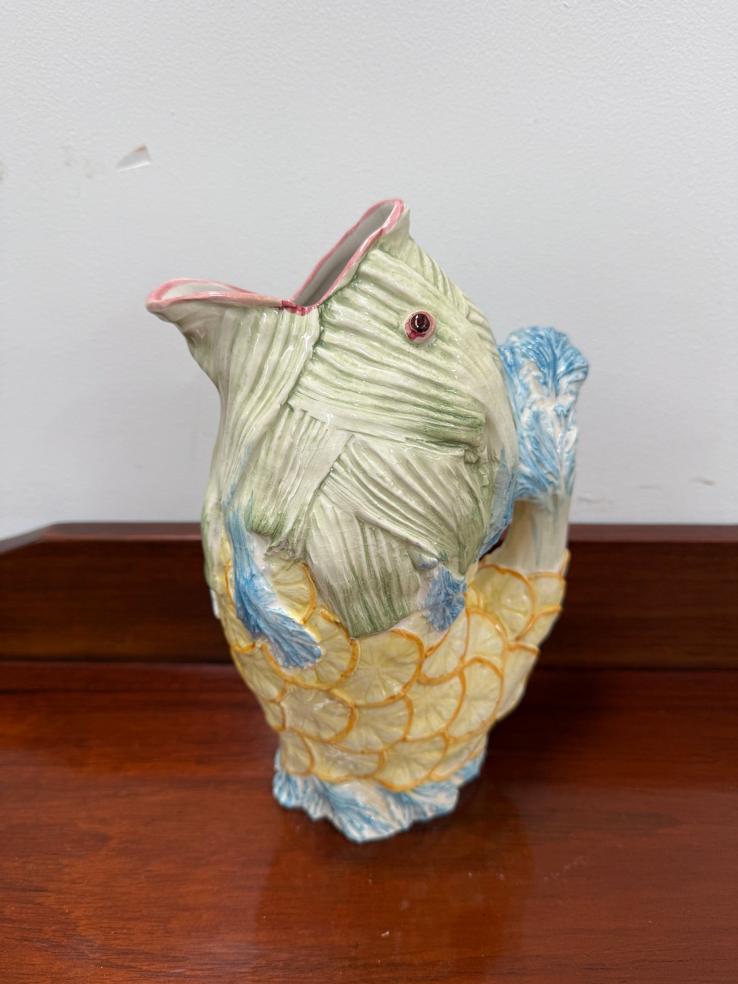 Vintage Hand Painted Italian Majolica Fish Gurgle Jug