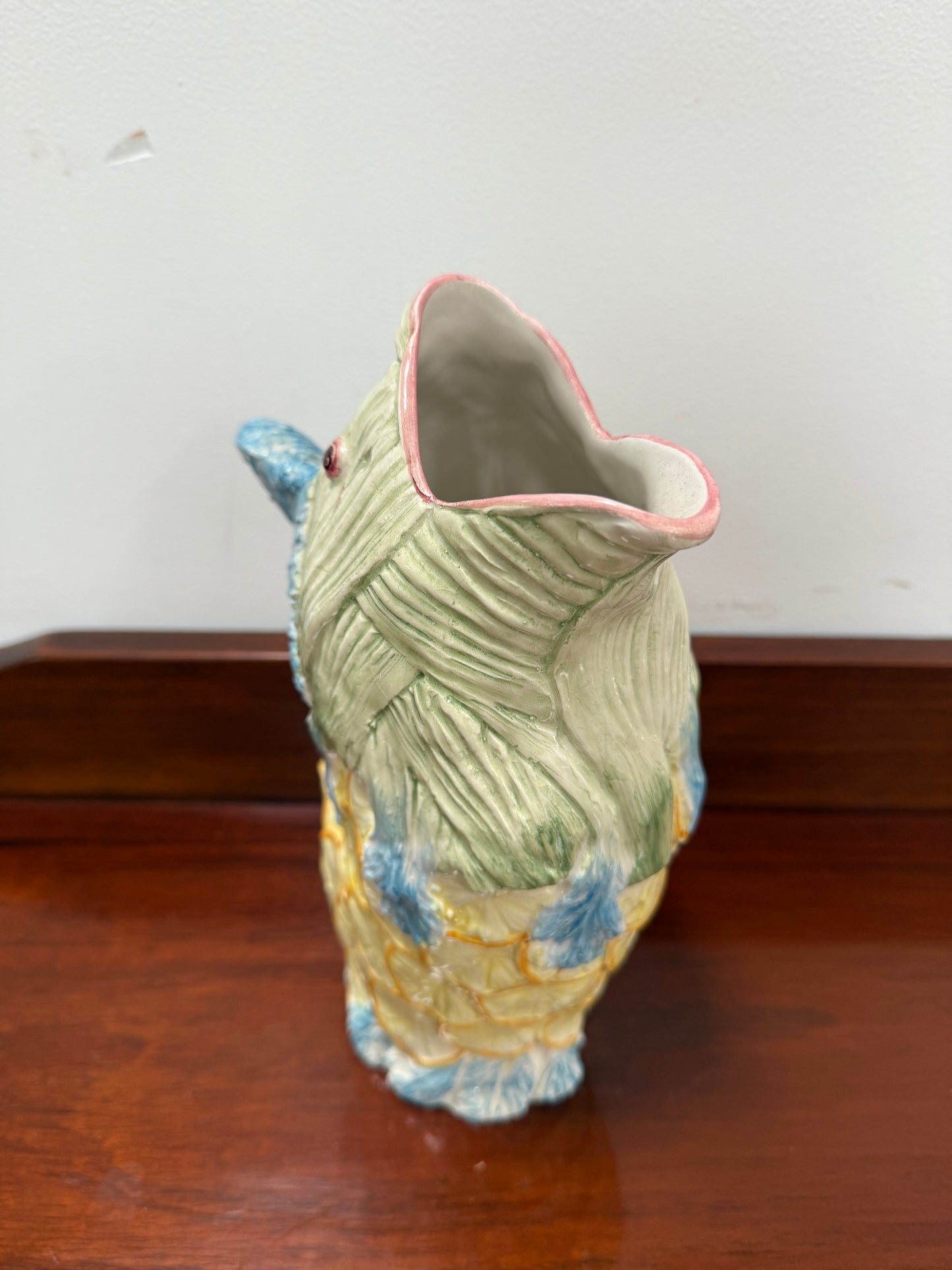 Vintage Hand Painted Italian Majolica Fish Gurgle Jug
