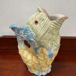 Vintage Hand Painted Italian Majolica Fish Gurgle Jug