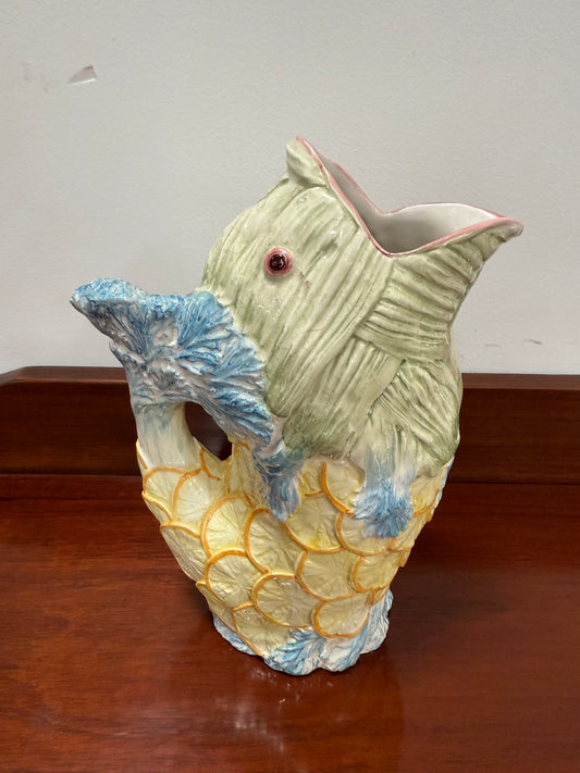 Vintage Hand Painted Italian Majolica Fish Gurgle Jug