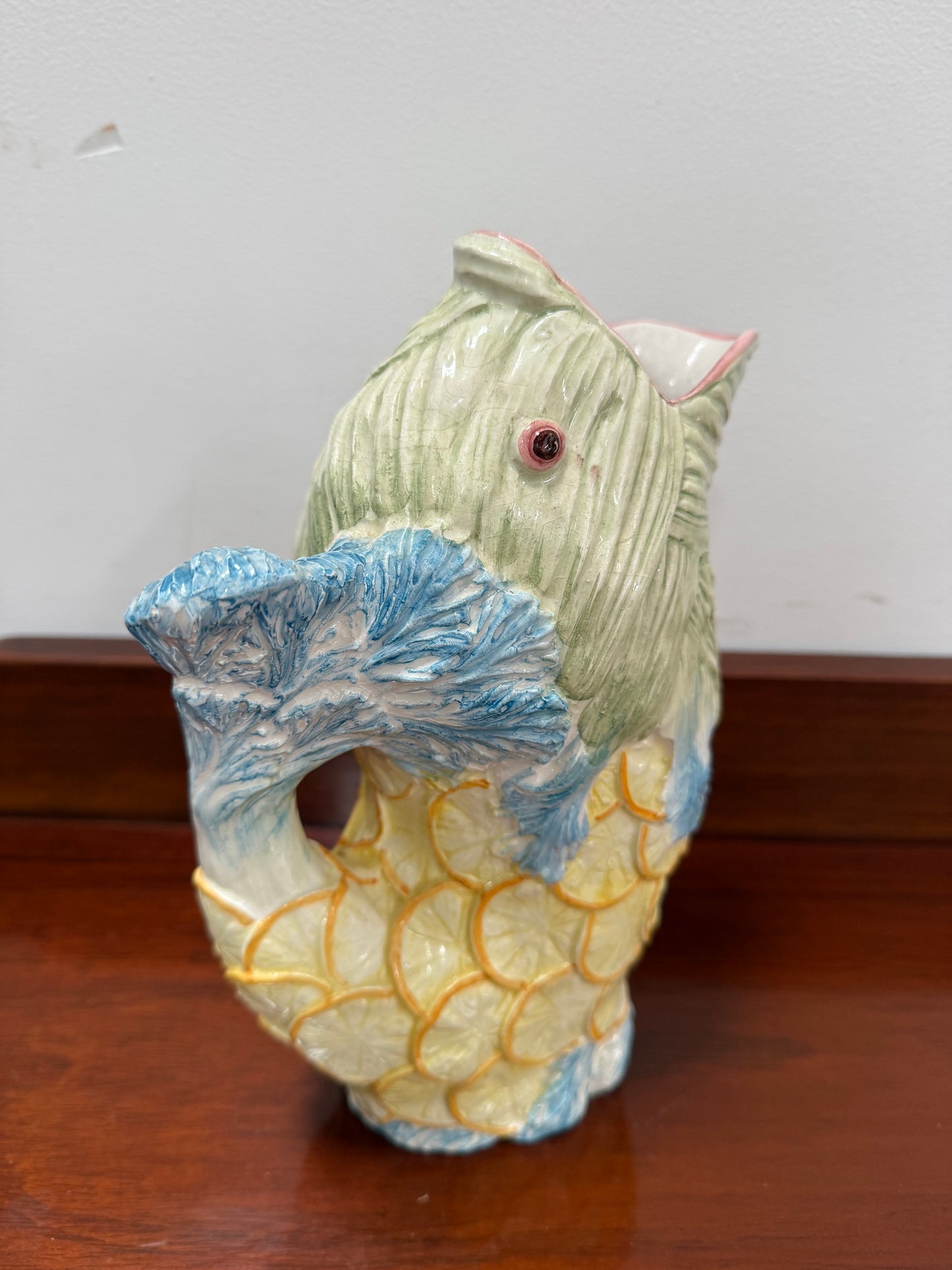 Vintage Hand Painted Italian Majolica Fish Gurgle Jug