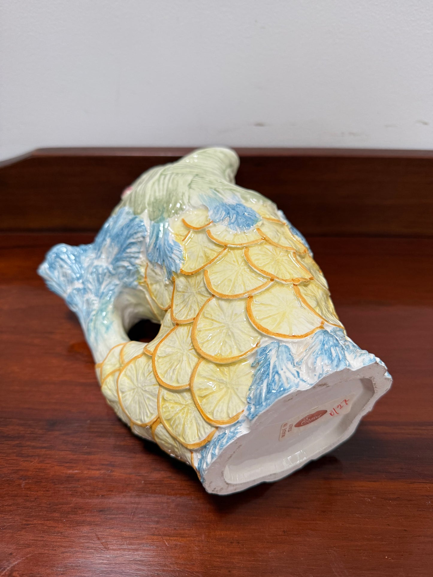 Vintage Hand Painted Italian Majolica Fish Gurgle Jug