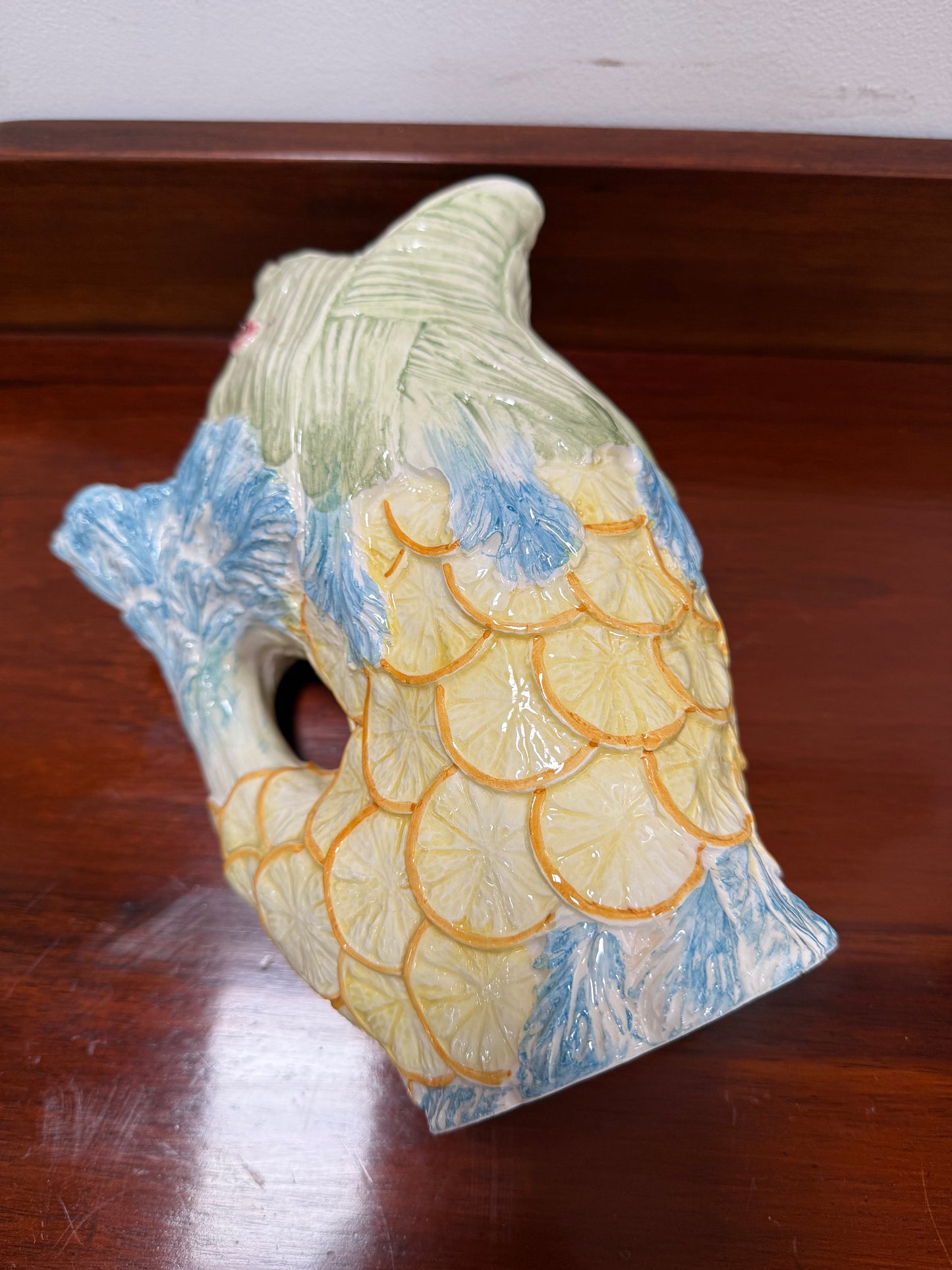 Vintage Hand Painted Italian Majolica Fish Gurgle Jug