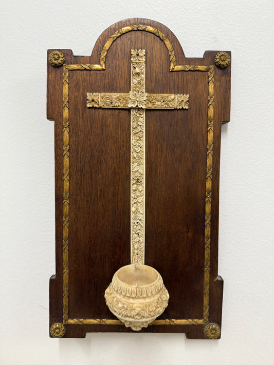 Antique Hand Carved Crucifix / Font On Walnut Back