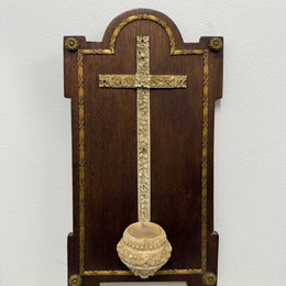Antique Hand Carved Crucifix / Font On Walnut Back