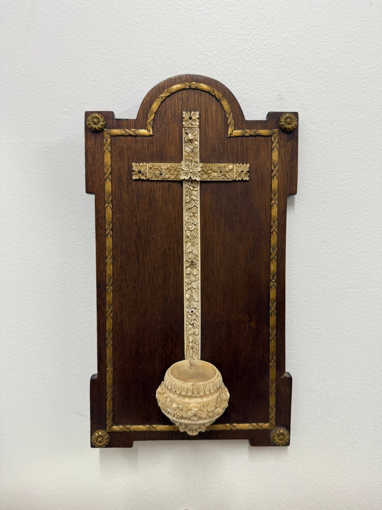 Antique Hand Carved Crucifix / Font On Walnut Back