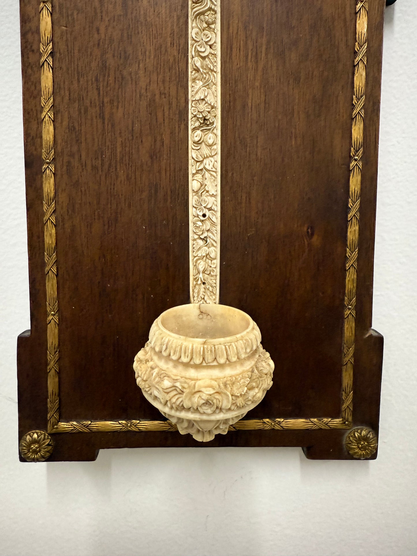 Antique Hand Carved Crucifix / Font On Walnut Back