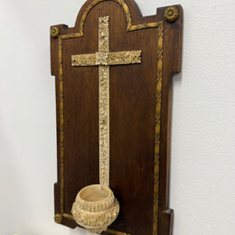 Antique Hand Carved Crucifix / Font On Walnut Back