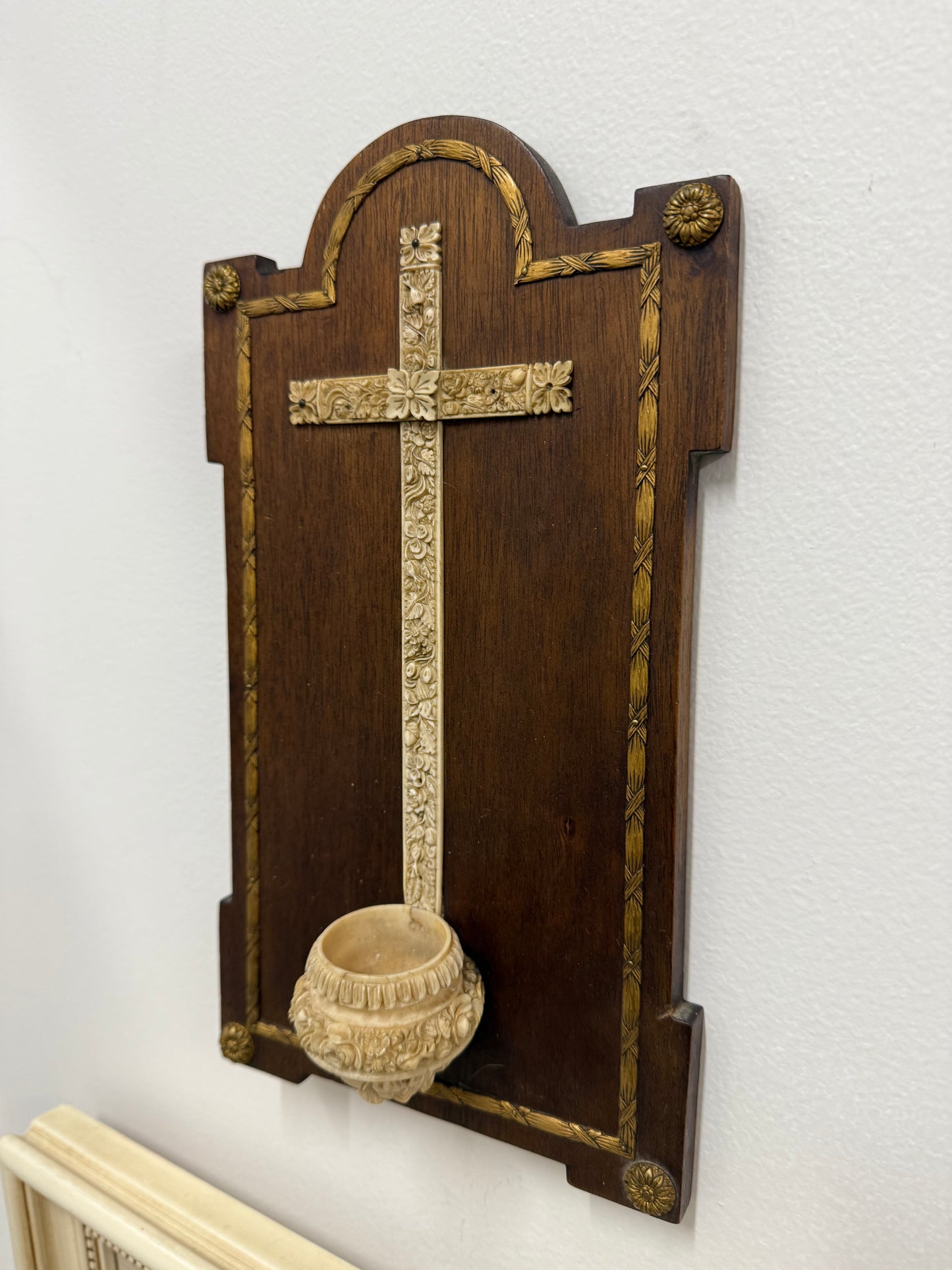 Antique Hand Carved Crucifix / Font On Walnut Back