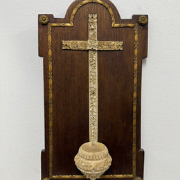 Antique Hand Carved Crucifix / Font On Walnut Back