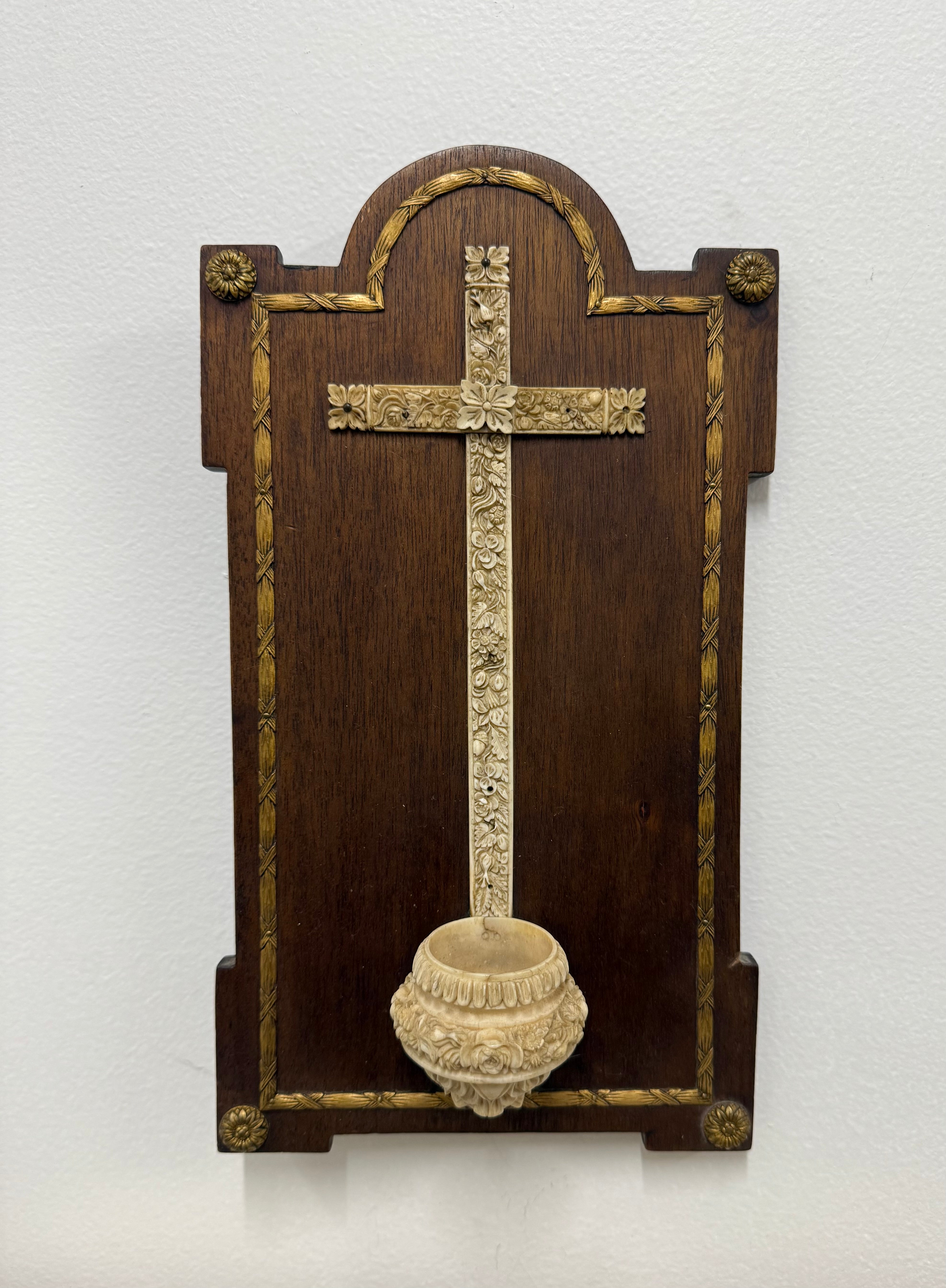 Antique Hand Carved Crucifix / Font On Walnut Back | Antique & Vintage | Moonee Ponds Antiques | Australia Wide Delivery