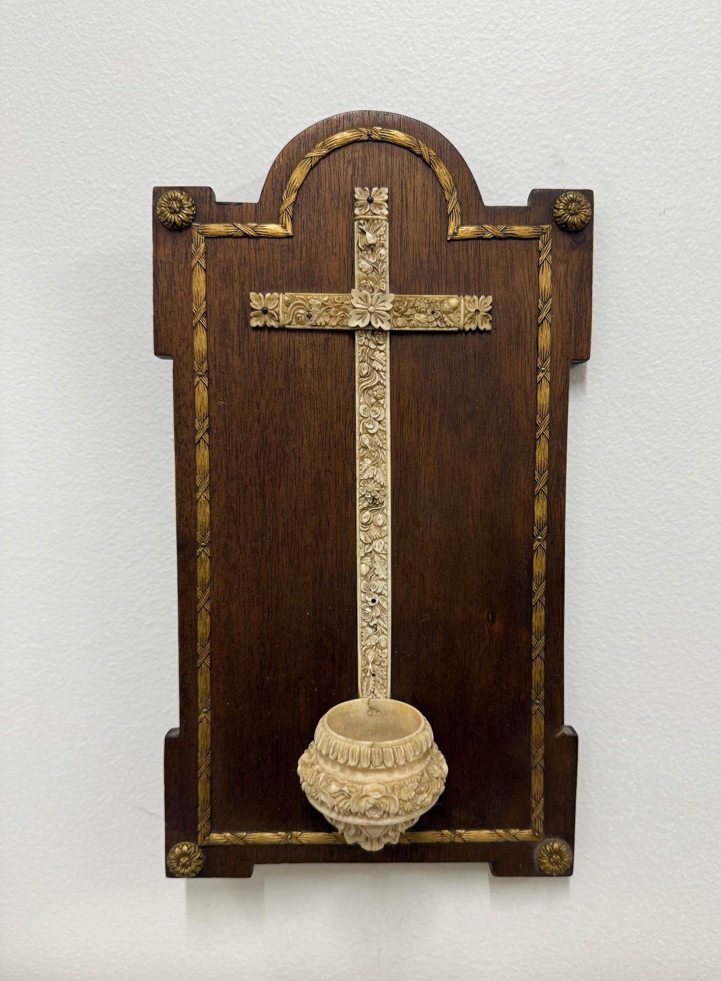 Antique Hand Carved Crucifix / Font On Walnut Back