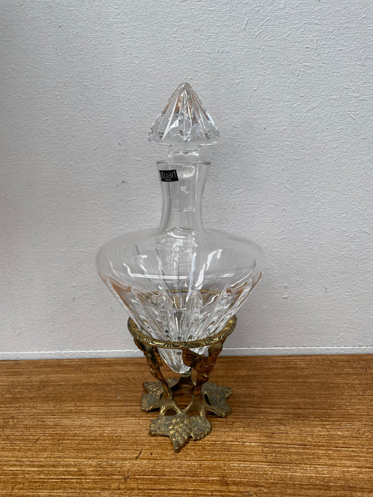 Vintage Stuart Crystal Wine Decanter Sitting In a Decorative Brass Stand