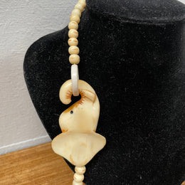 Vintage Carved Bone Beads & Elephant Necklace