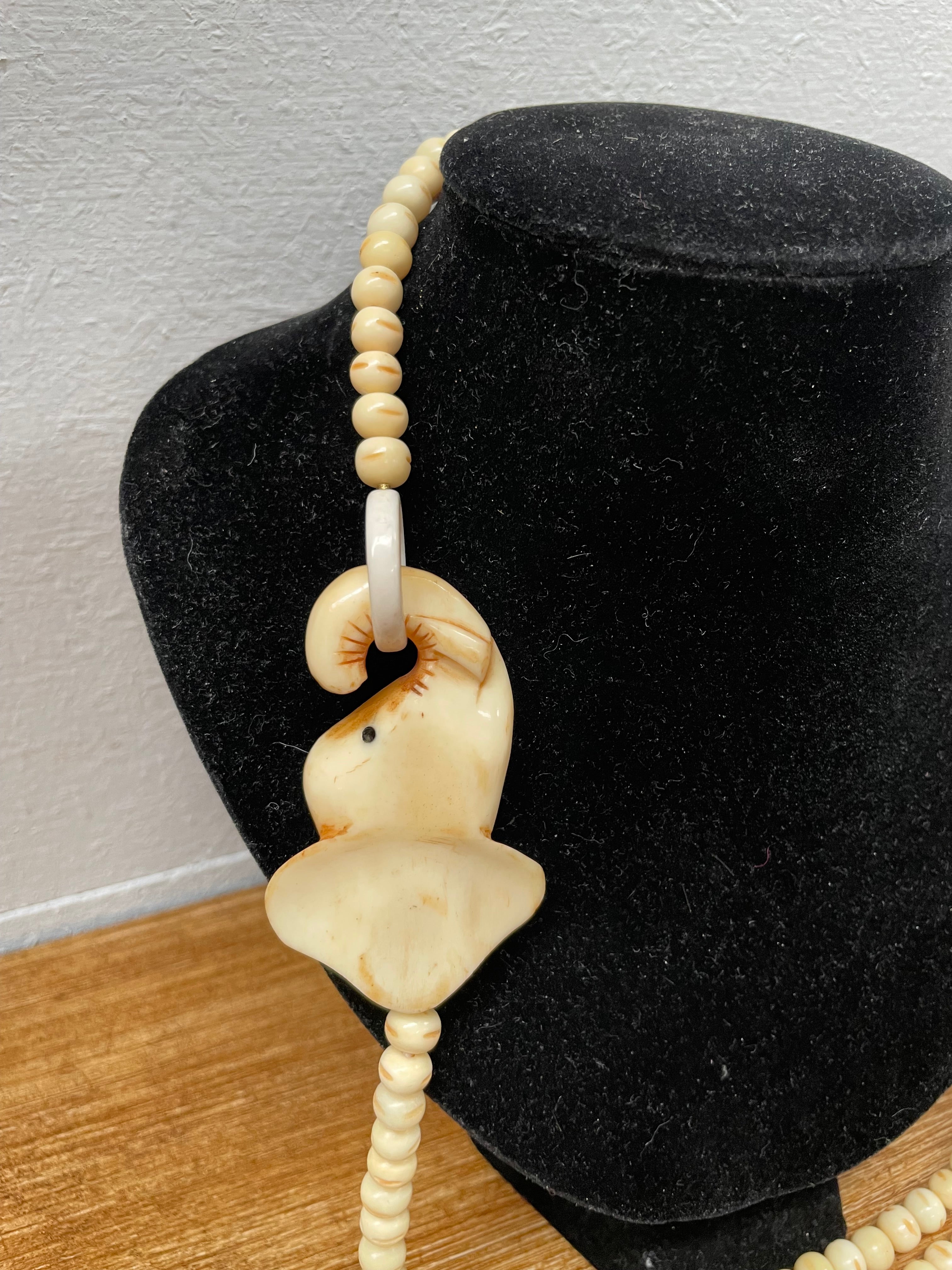 Vintage Carved Bone Beads & Elephant Necklace