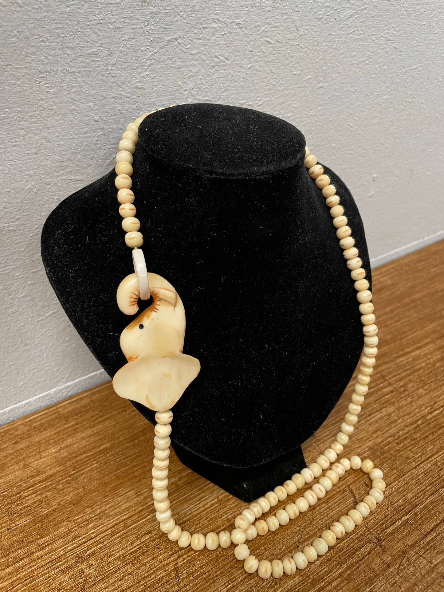 Vintage Carved Bone Beads & Elephant Necklace