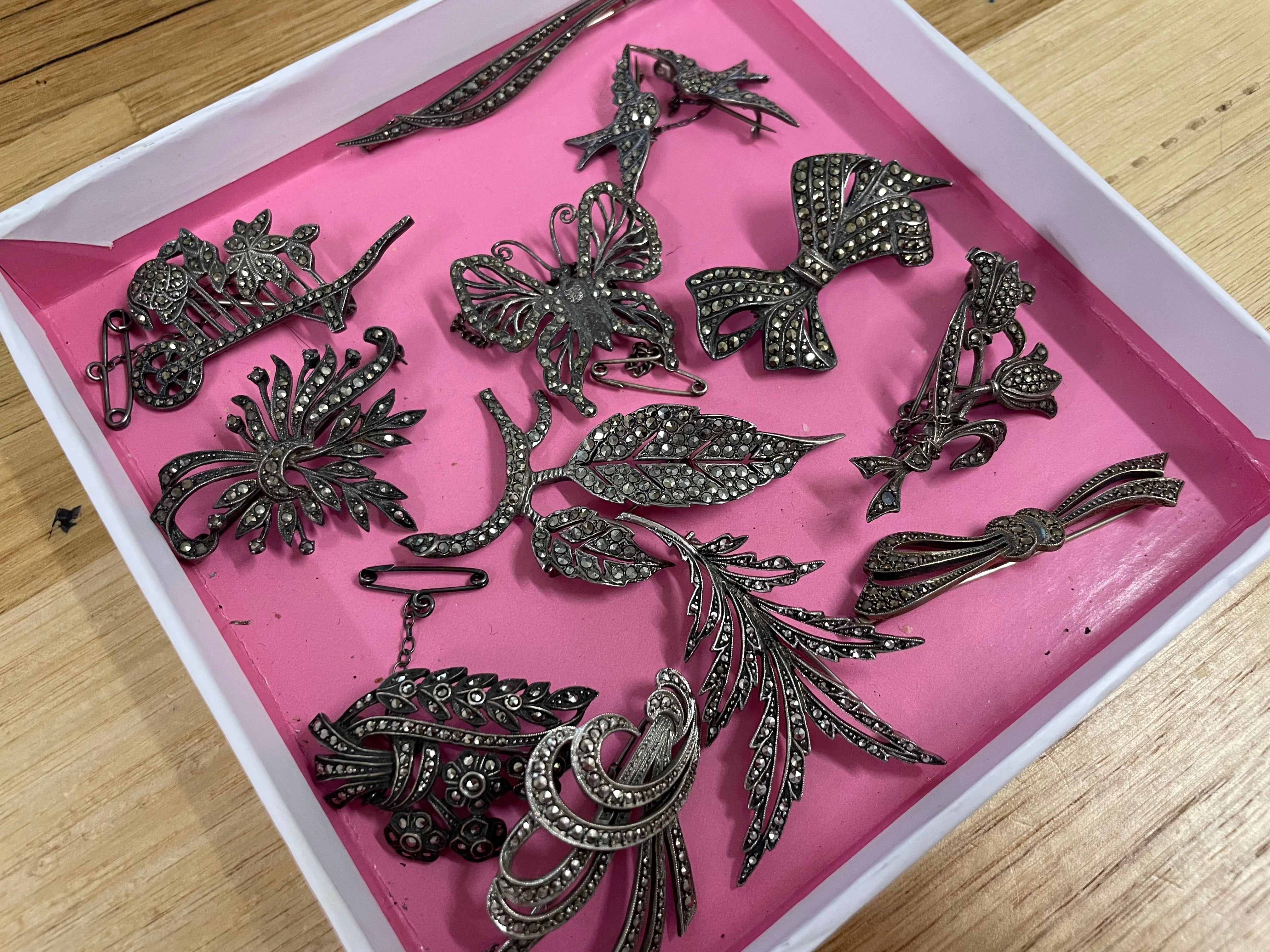 Large Selection Vintage Sterling Silver Marcasite Brooches
