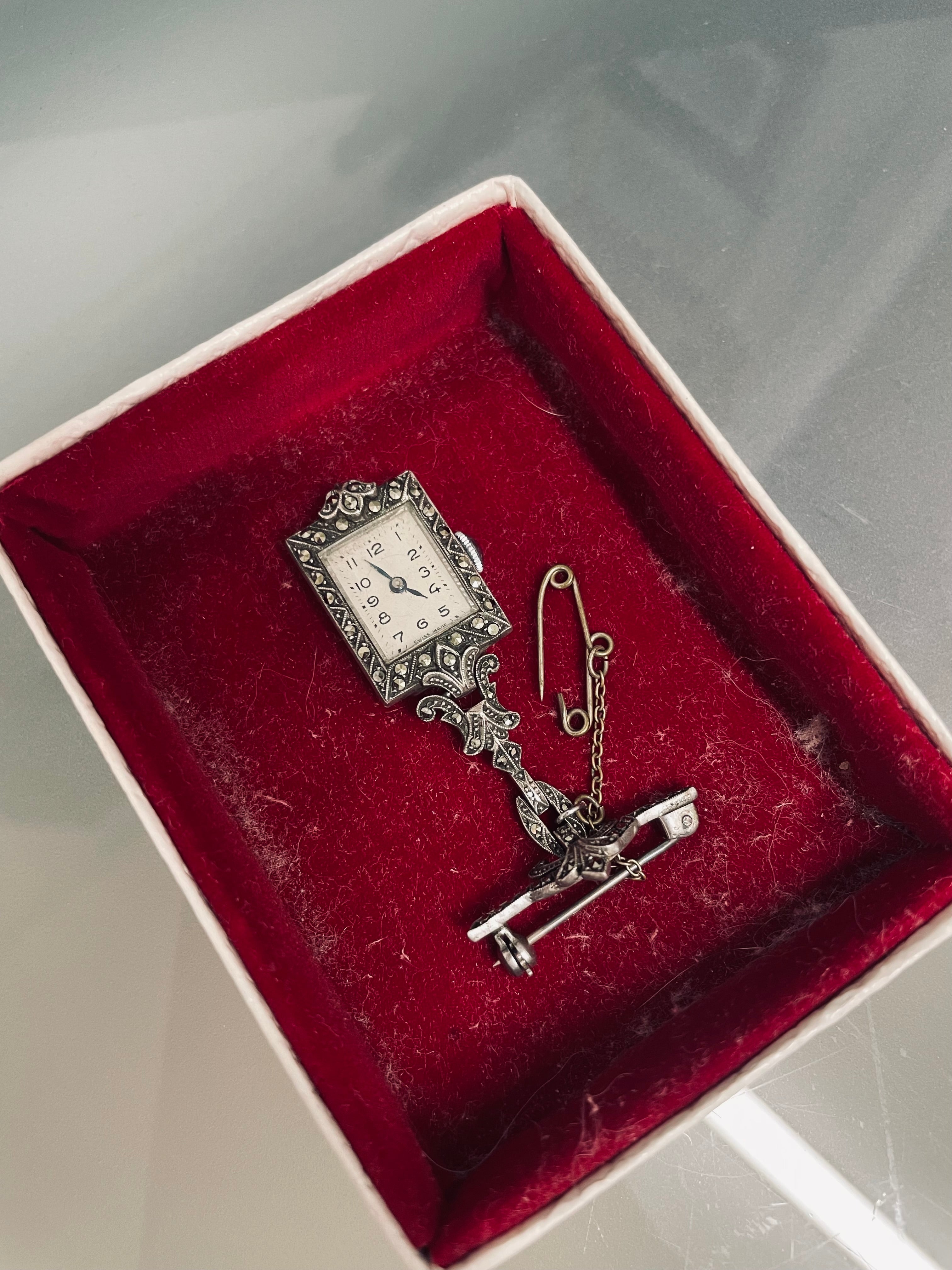 Vintage Sterling Silver & Marcasite Brooch Watch