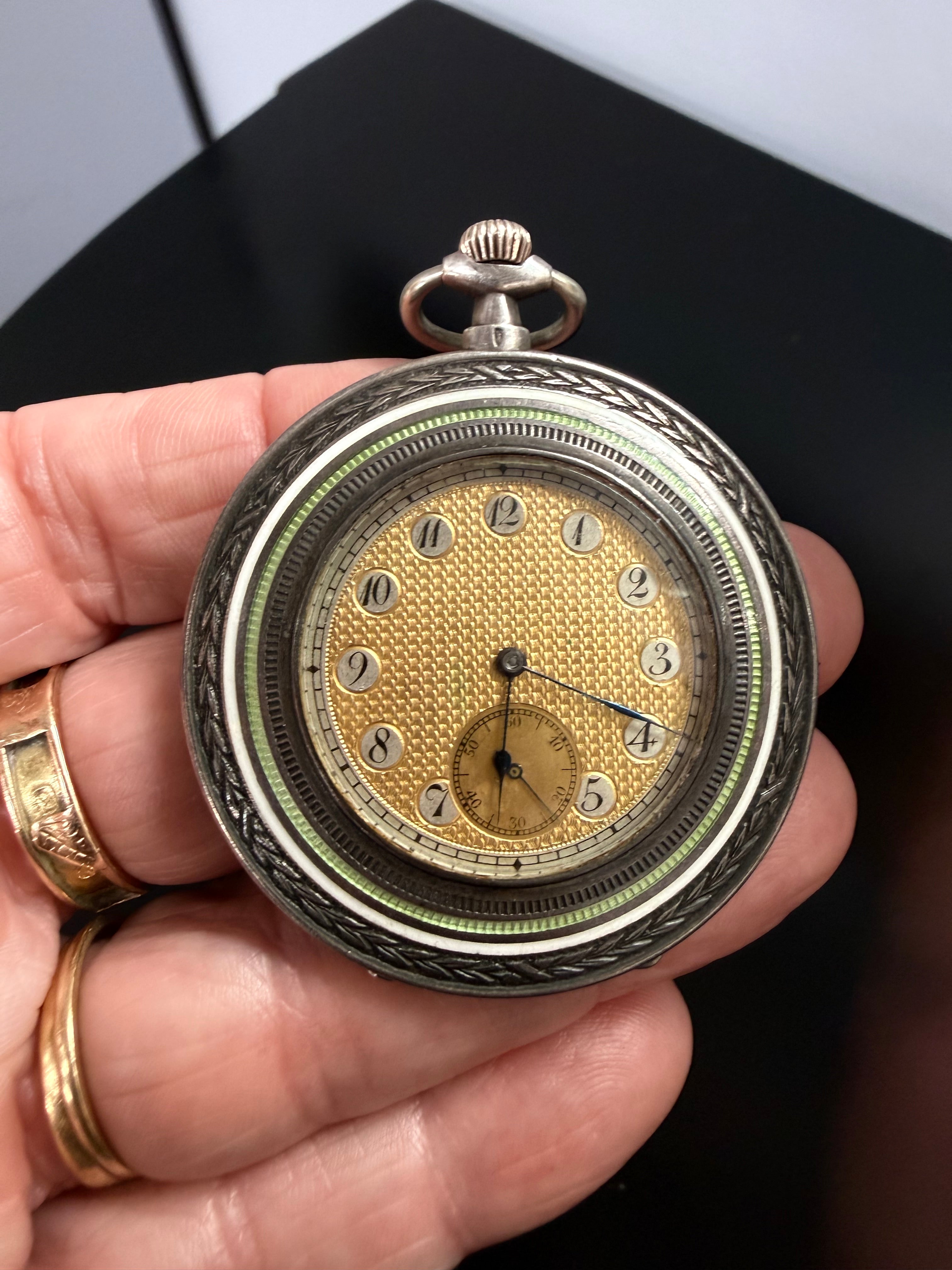 Superb Antique Pocket Watch 935 Silver, Guilloche Enamel