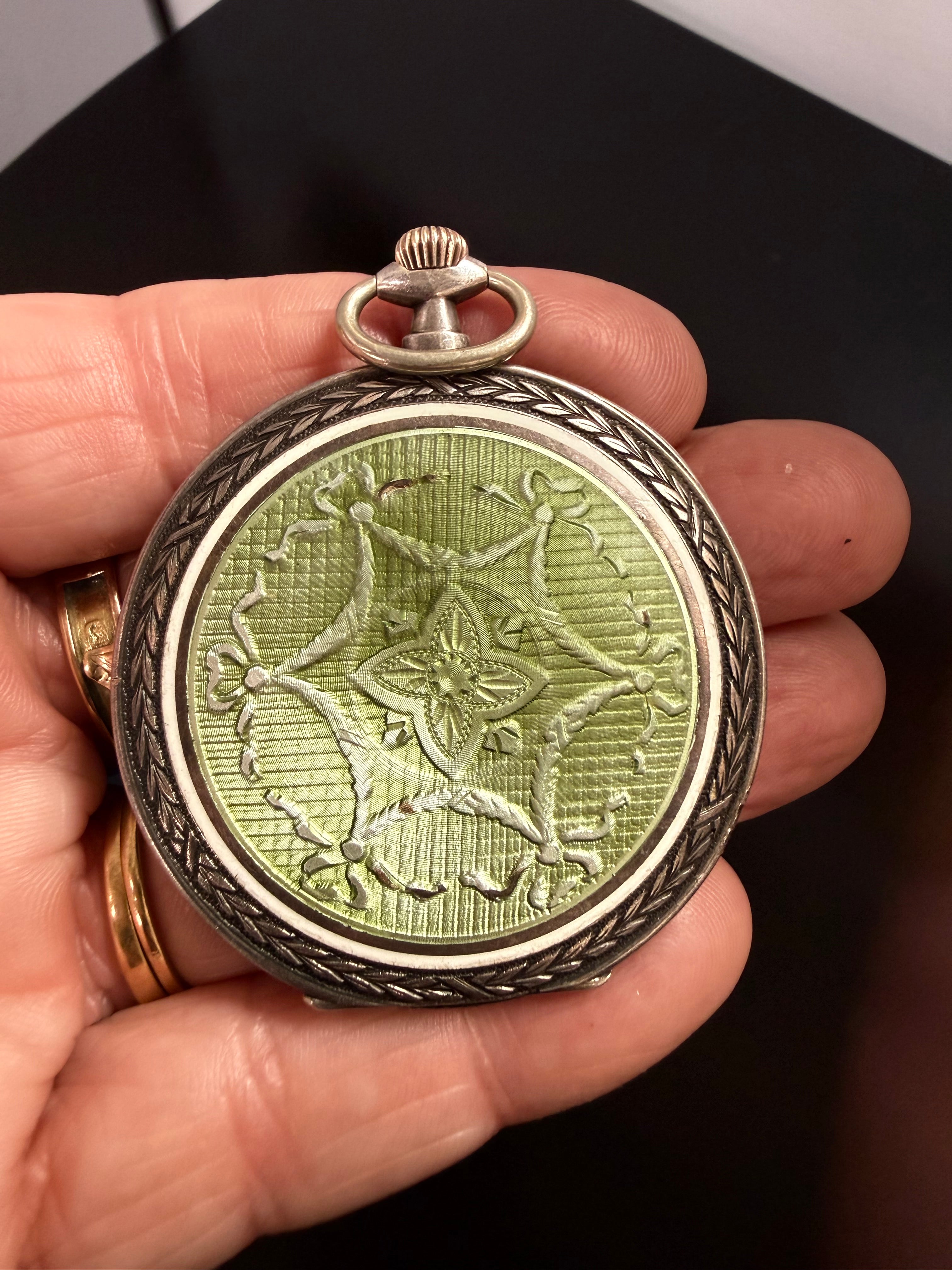 Superb Antique Pocket Watch 935 Silver, Guilloche Enamel