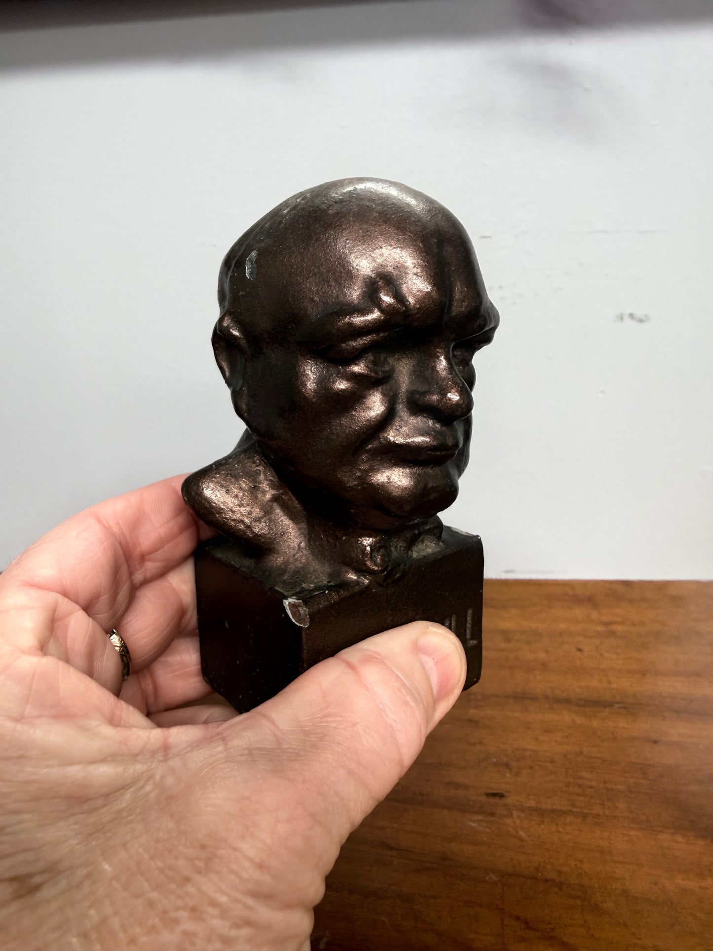 Unusual Bronzed Cast Iron Churchill Bust Paperweight