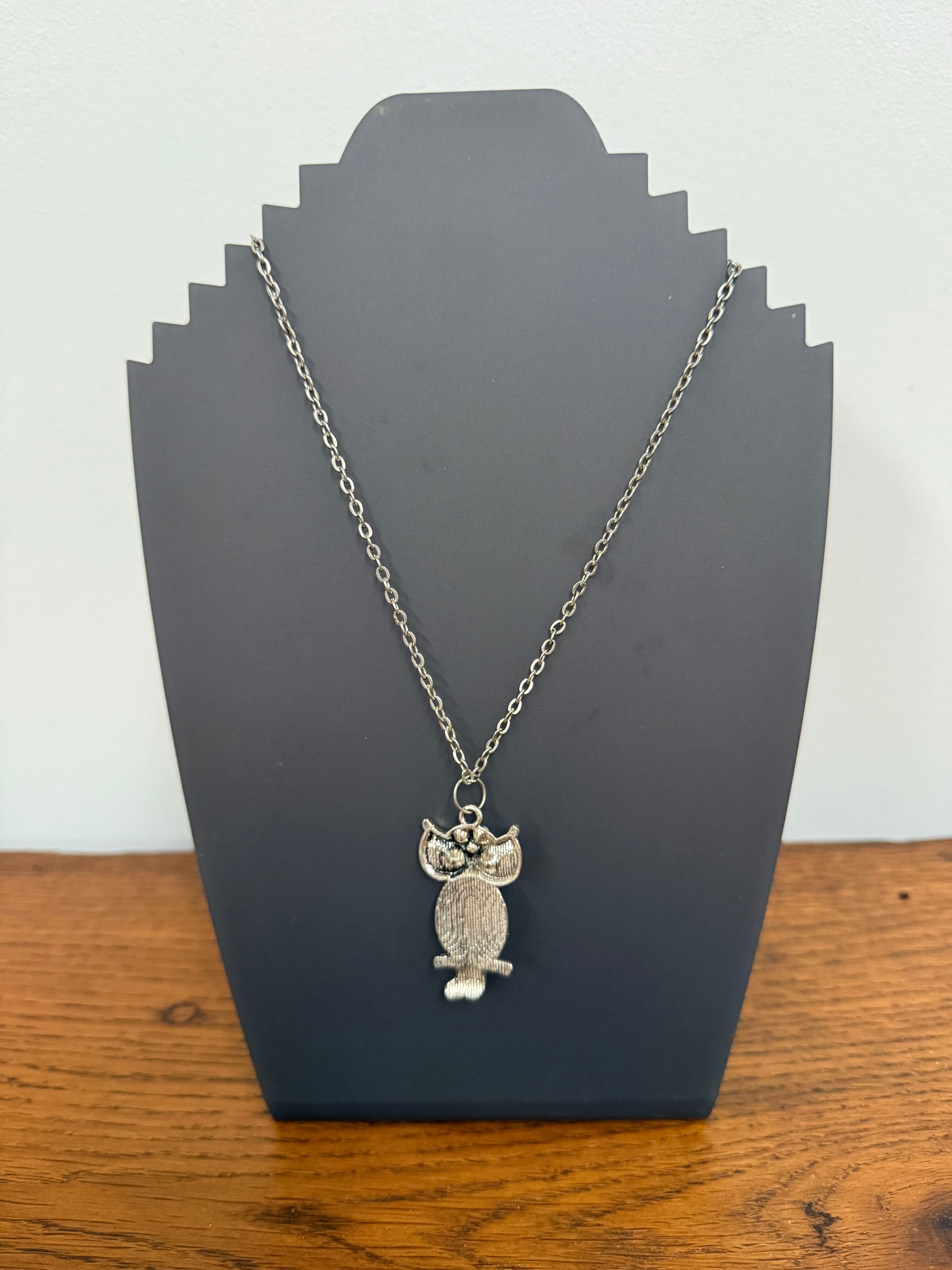 Silver Coloured Owl Pendant With Coloured Stones & Chain | Antique & Vintage | Moonee Ponds Antiques | Australia Wide Delivery