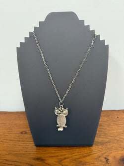 Silver Coloured Owl Pendant With Coloured Stones & Chain | Antique & Vintage | Moonee Ponds Antiques | Australia Wide Delivery