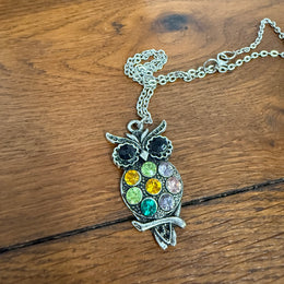 Silver Coloured Owl Pendant With Coloured Stones & Chain