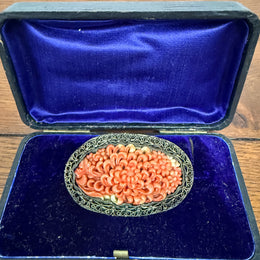 Antique Chinese Carved Coral Clip Brooch