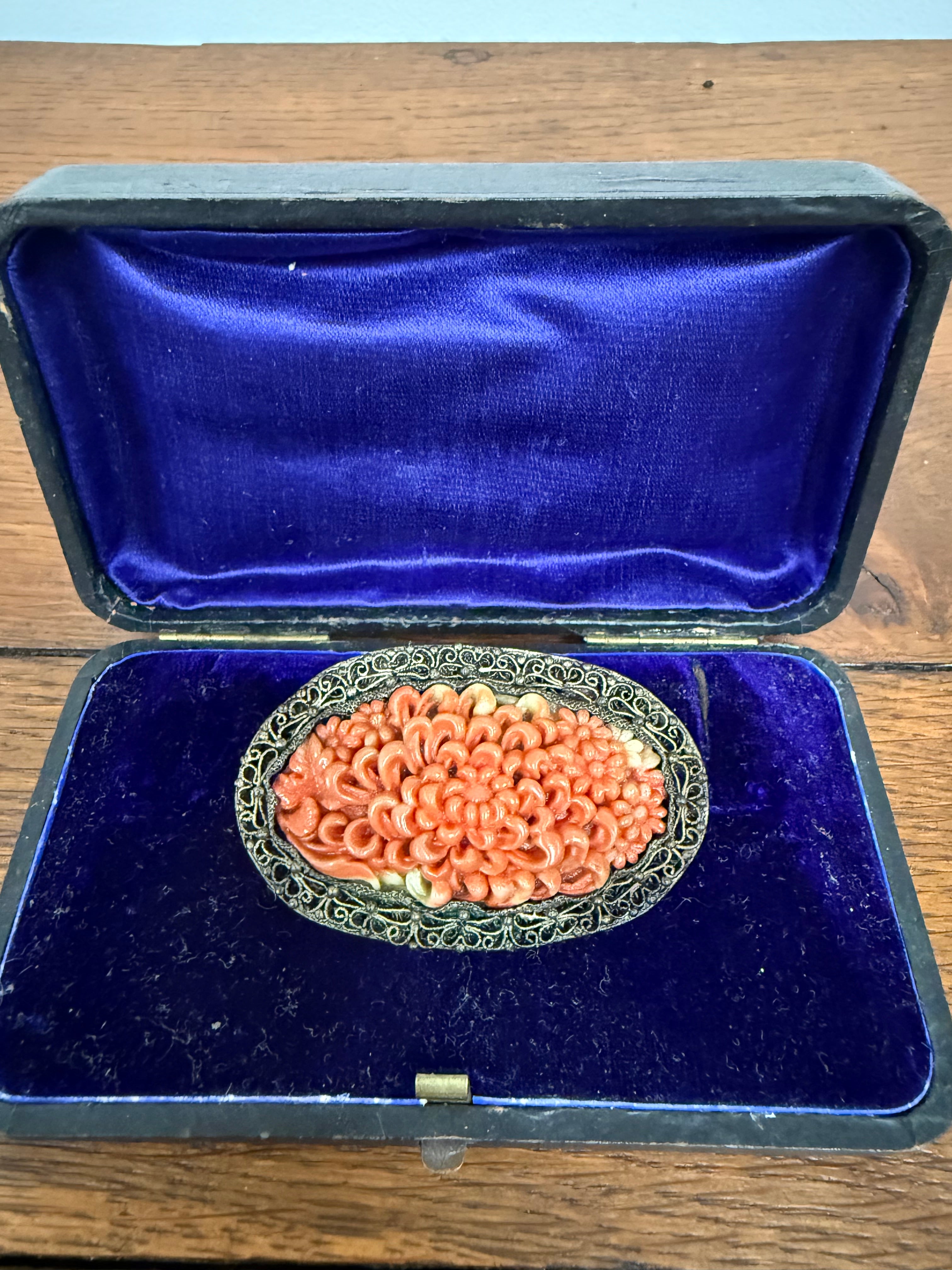 Antique Chinese Carved Coral Clip Brooch | Antique & Vintage | Moonee Ponds Antiques | Australia Wide Delivery
