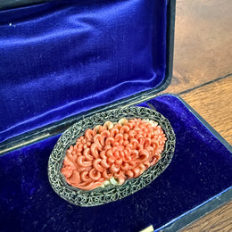 Antique Chinese Carved Coral Clip Brooch