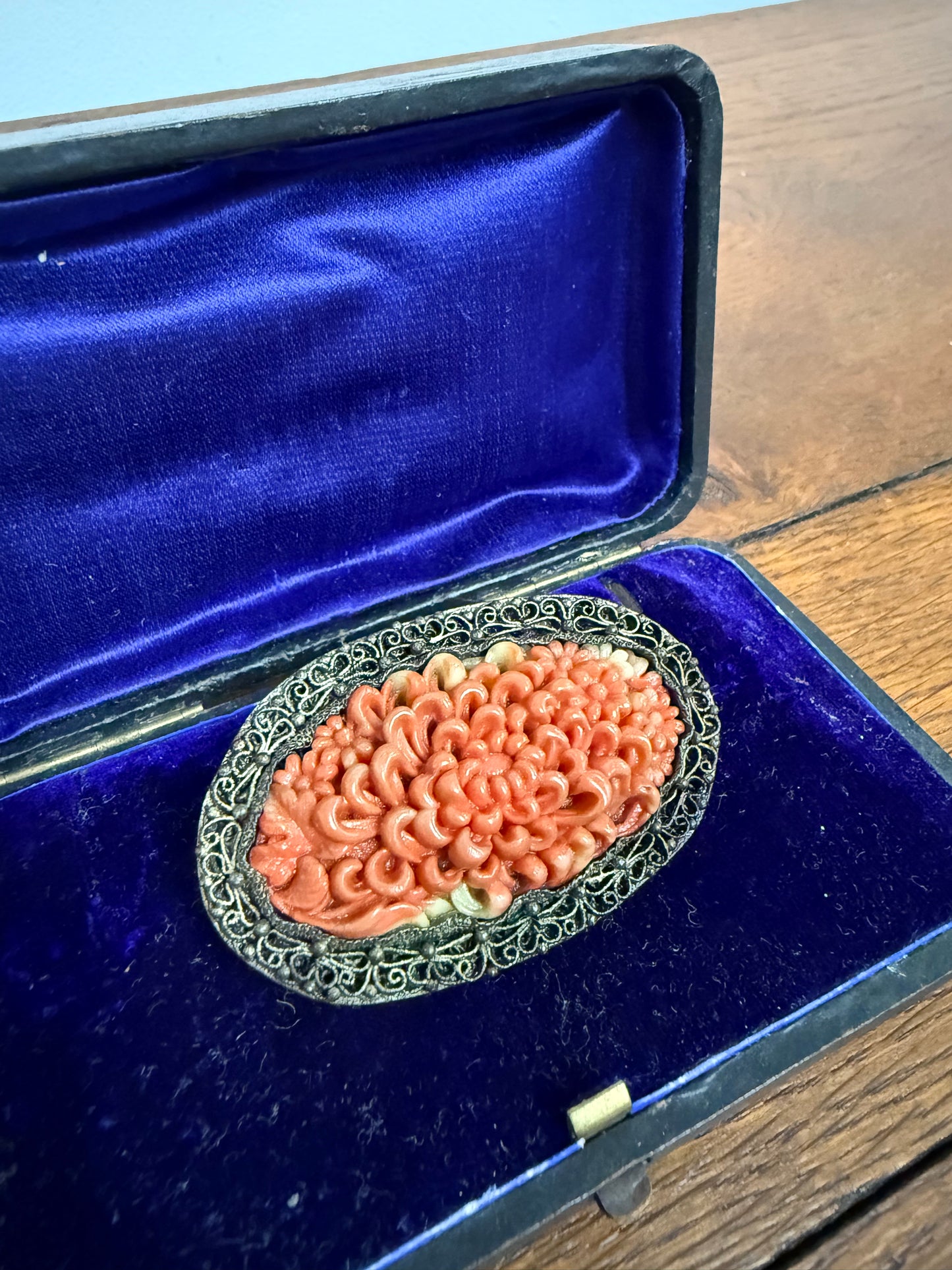 Antique Chinese Carved Coral Clip Brooch