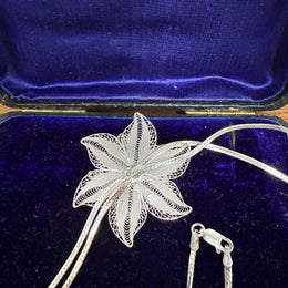 Vintage Hand Made Silver 925 Filigree Flower Pendant & Chain