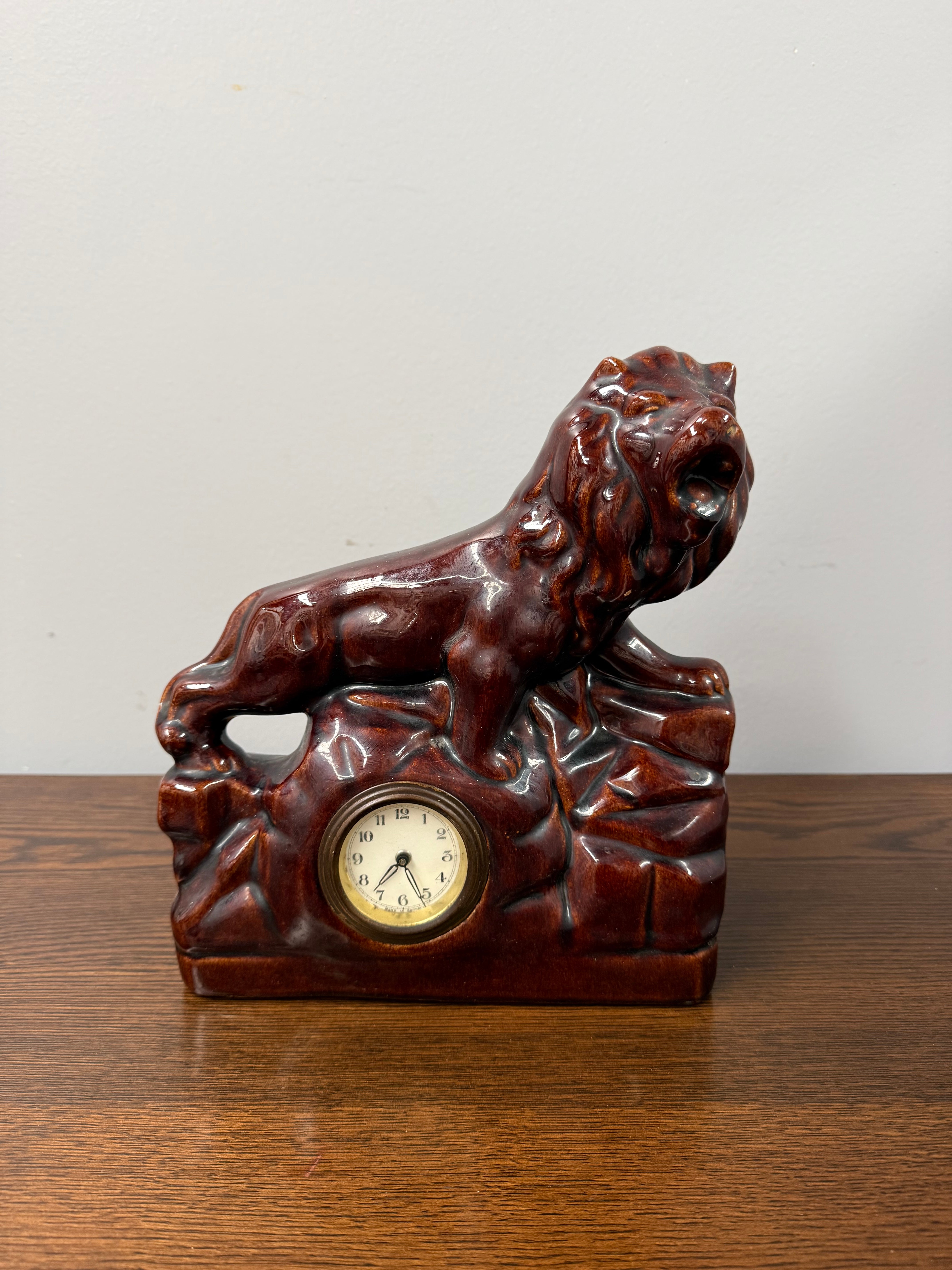 Vintage German Ceramic Roaring Lion Clock