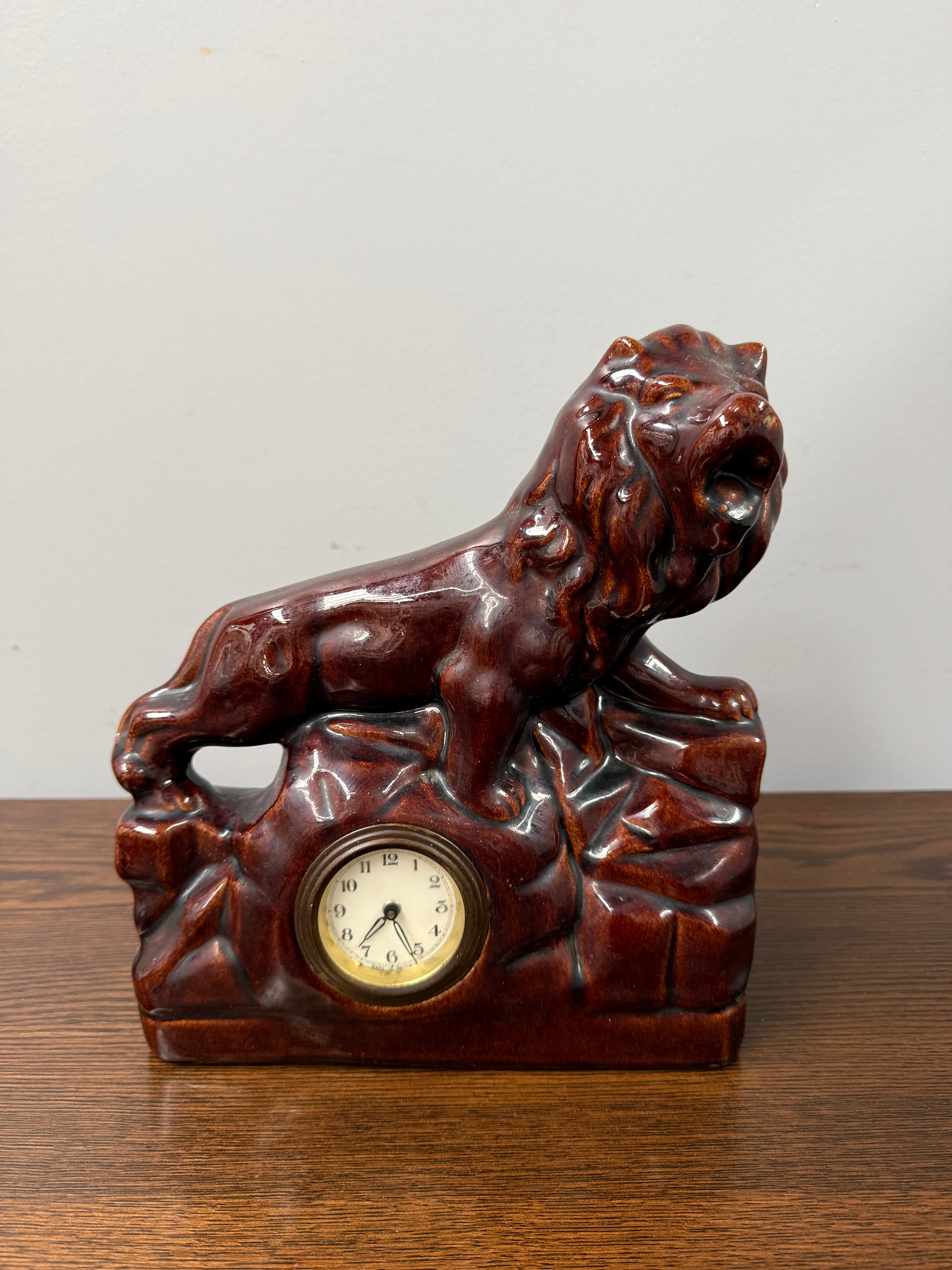 Vintage German Ceramic Roaring Lion Clock