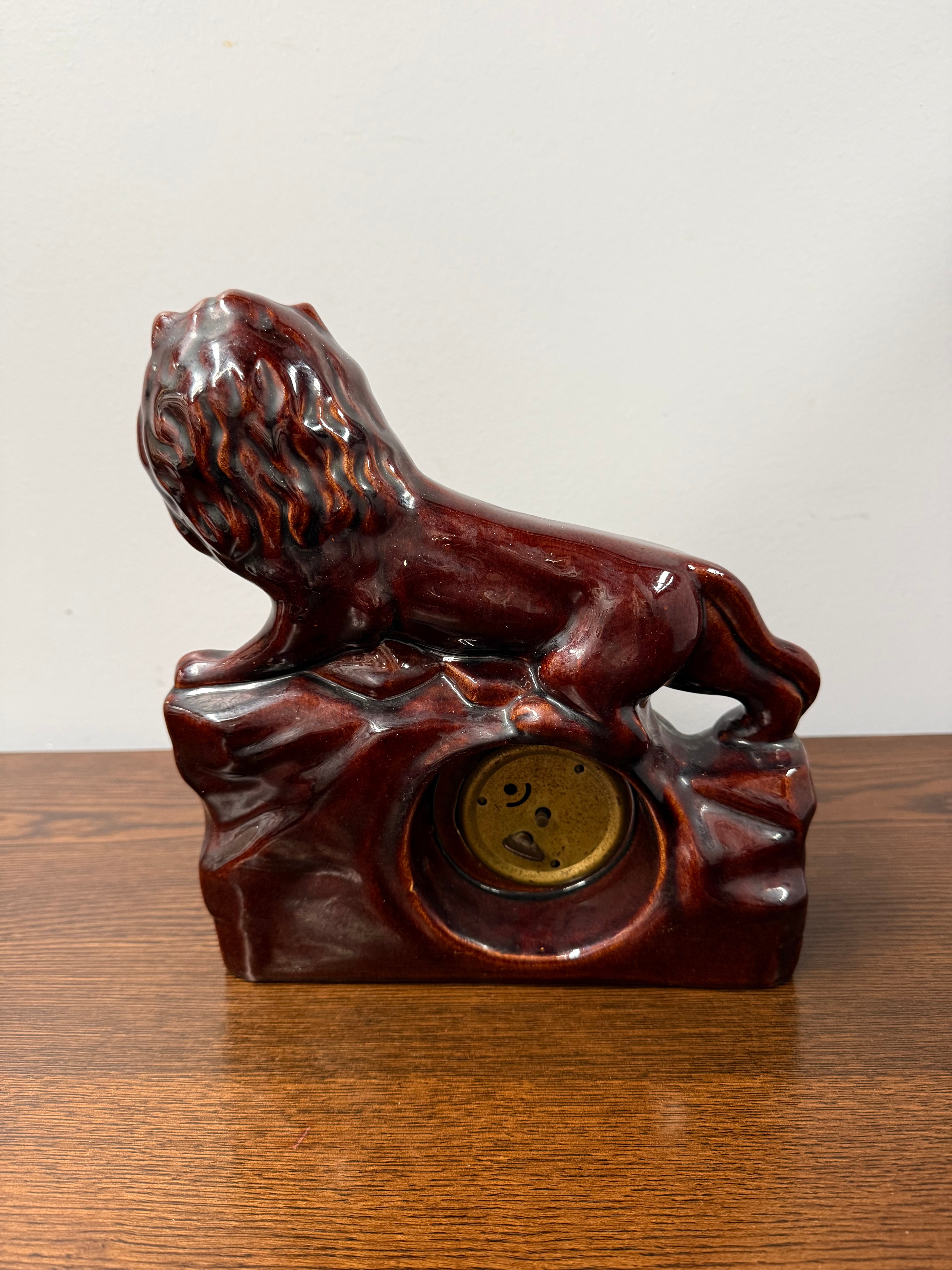 Vintage German Ceramic Roaring Lion Clock