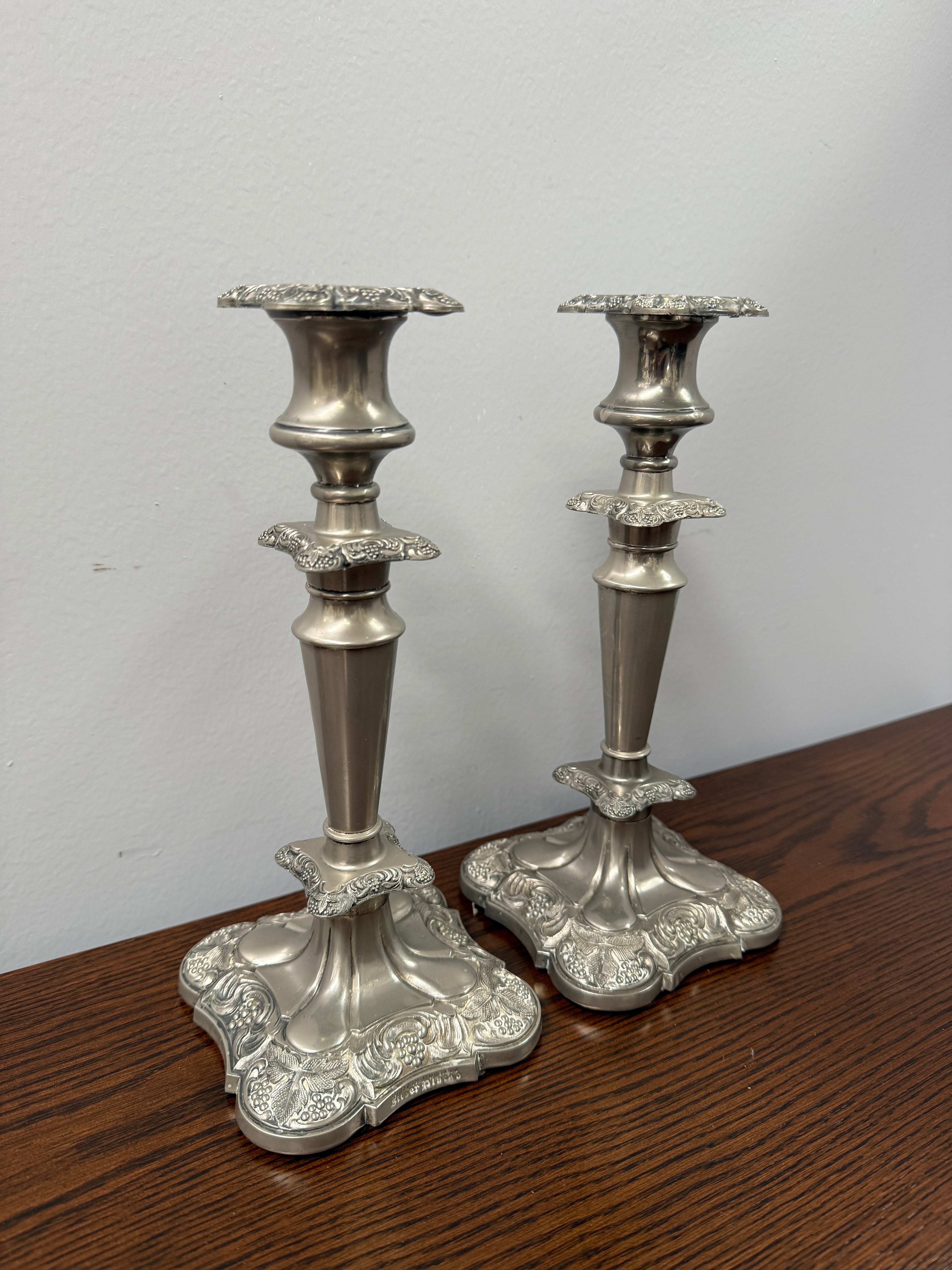 Vintage Pair of Silver-Plate Decorative Candlesticks