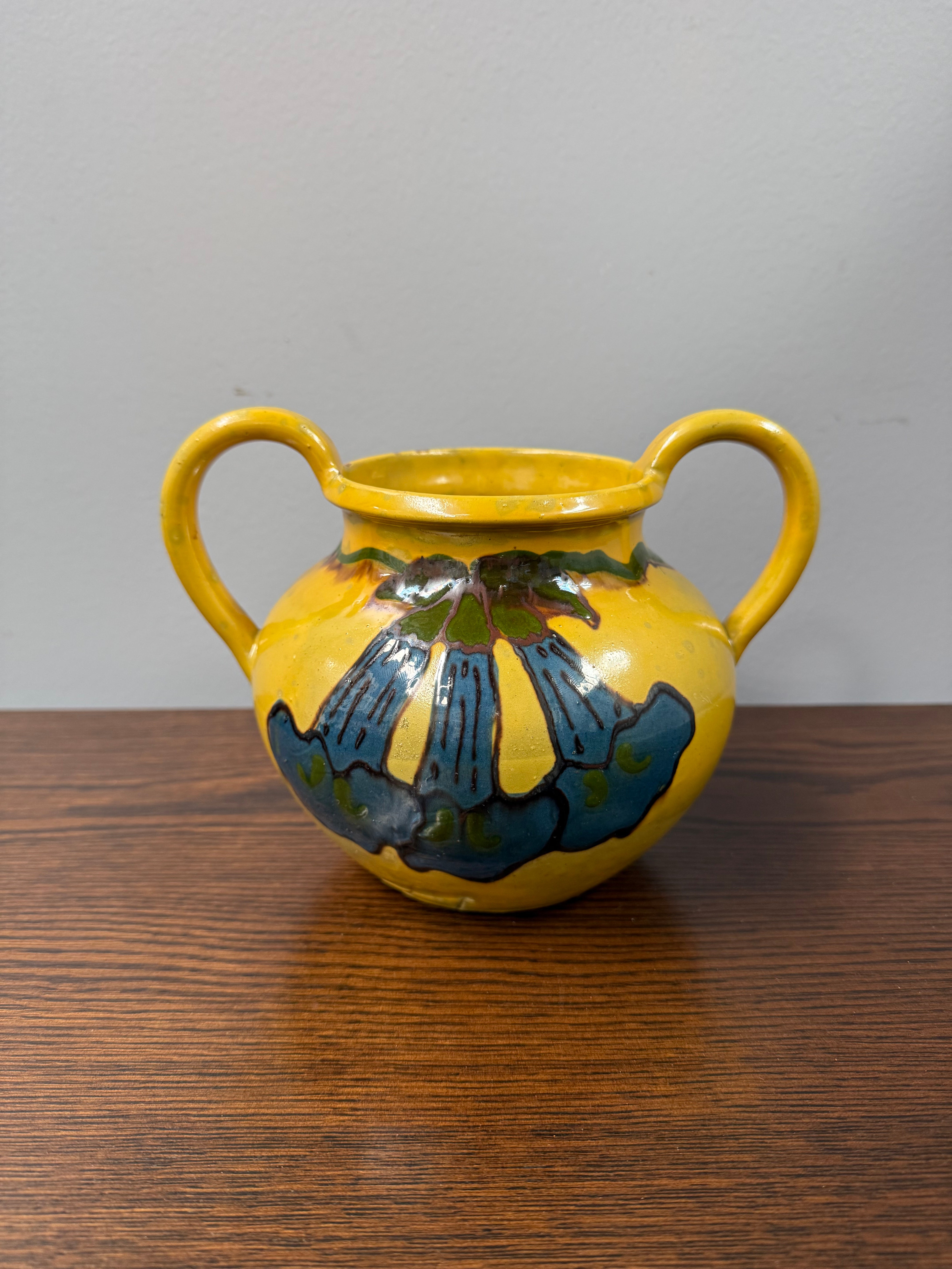 Antique Superb Art Pottery Hand Painted Double Handled Vase
