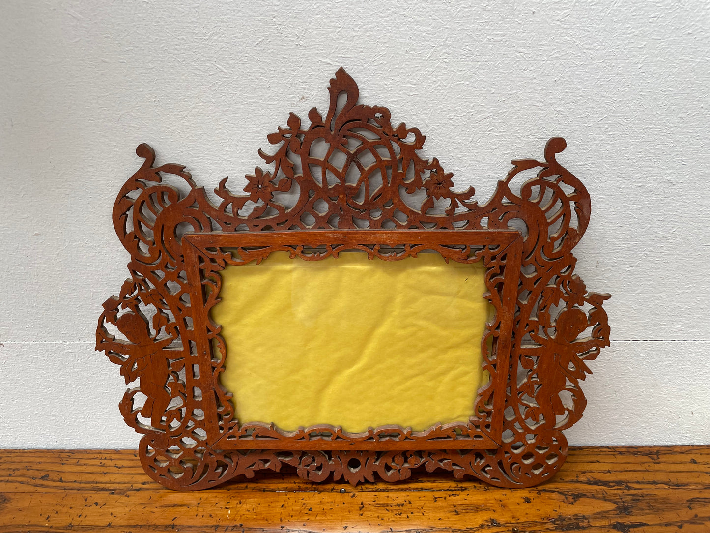 Antique Wooden Fretwork Picture Frame Featuring Cherubs