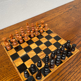 Antique Jerusalem Travelling Chess Box Made from Olive Wood Complete with Board & Pieces