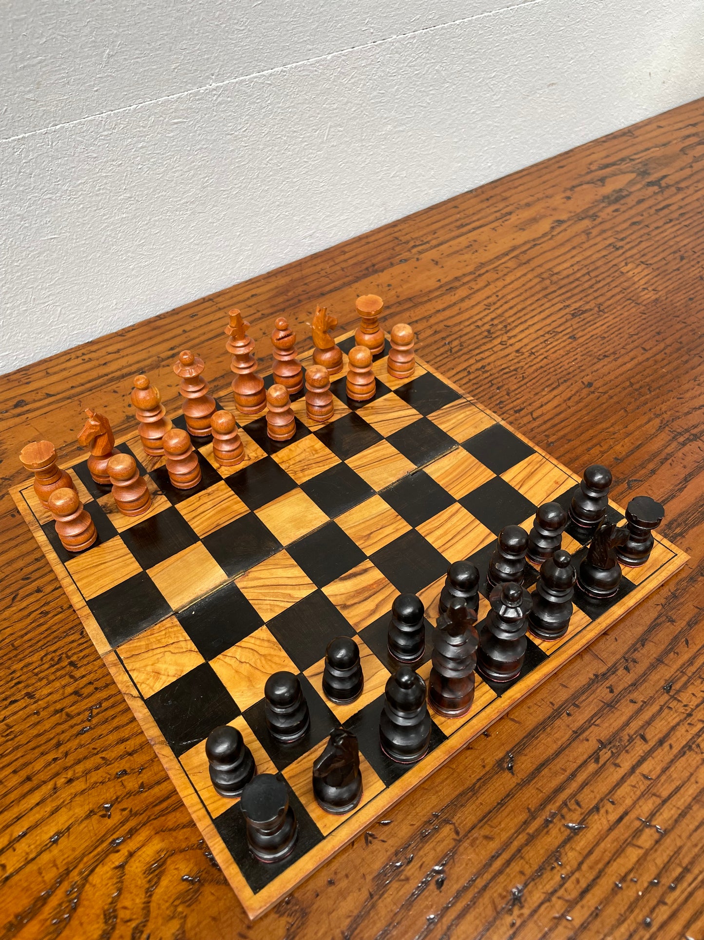Antique Jerusalem Travelling Chess Box Made from Olive Wood Complete with Board & Pieces